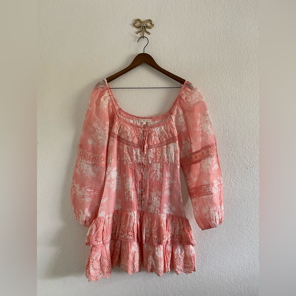Loveshackfancy Tayton Mini Dress Size 8 Pink Floral Ruffle Cottagecore Prairie